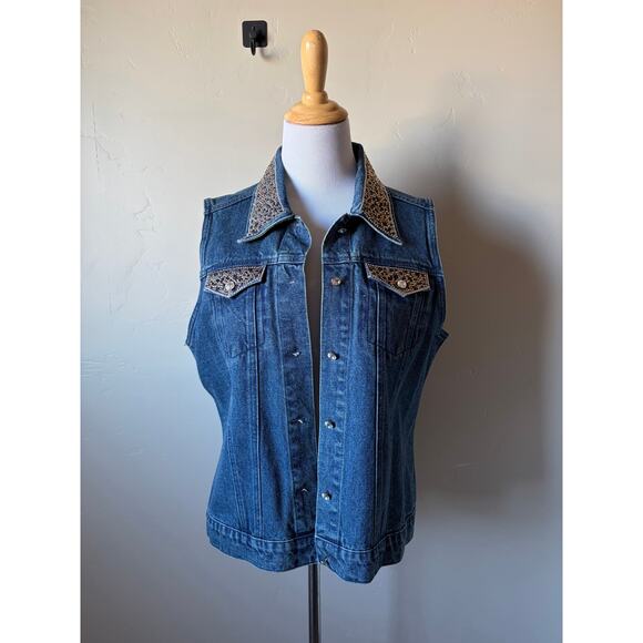Christine Alexander Cowgirl Western Denim Bejeweled Bling Rhinestones Vest- Sz L - Picture 7 of 9